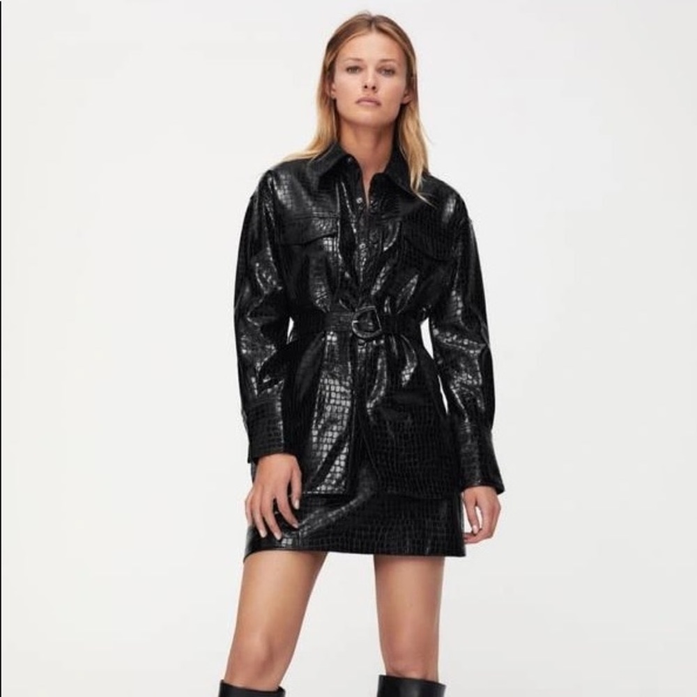 NWT. Zara Black Faux Leather Animal Print Overshirt/Jacket. Size XL.